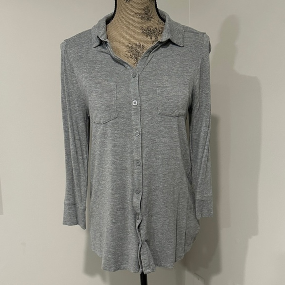 Merona jersey knit Gray collared Button-Up tunic Top with pockets Size Medium